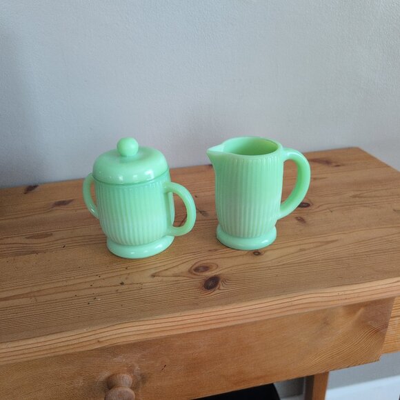 Source Unknown Other - Vintage Jaedite Sugar Bowl With Lid And Creamer